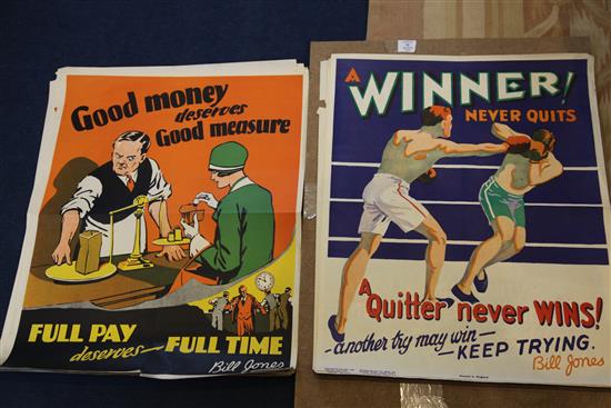 A collection of ten 1920s Bill Jones coloured lithograph motivational posters, each 28 x 22in.